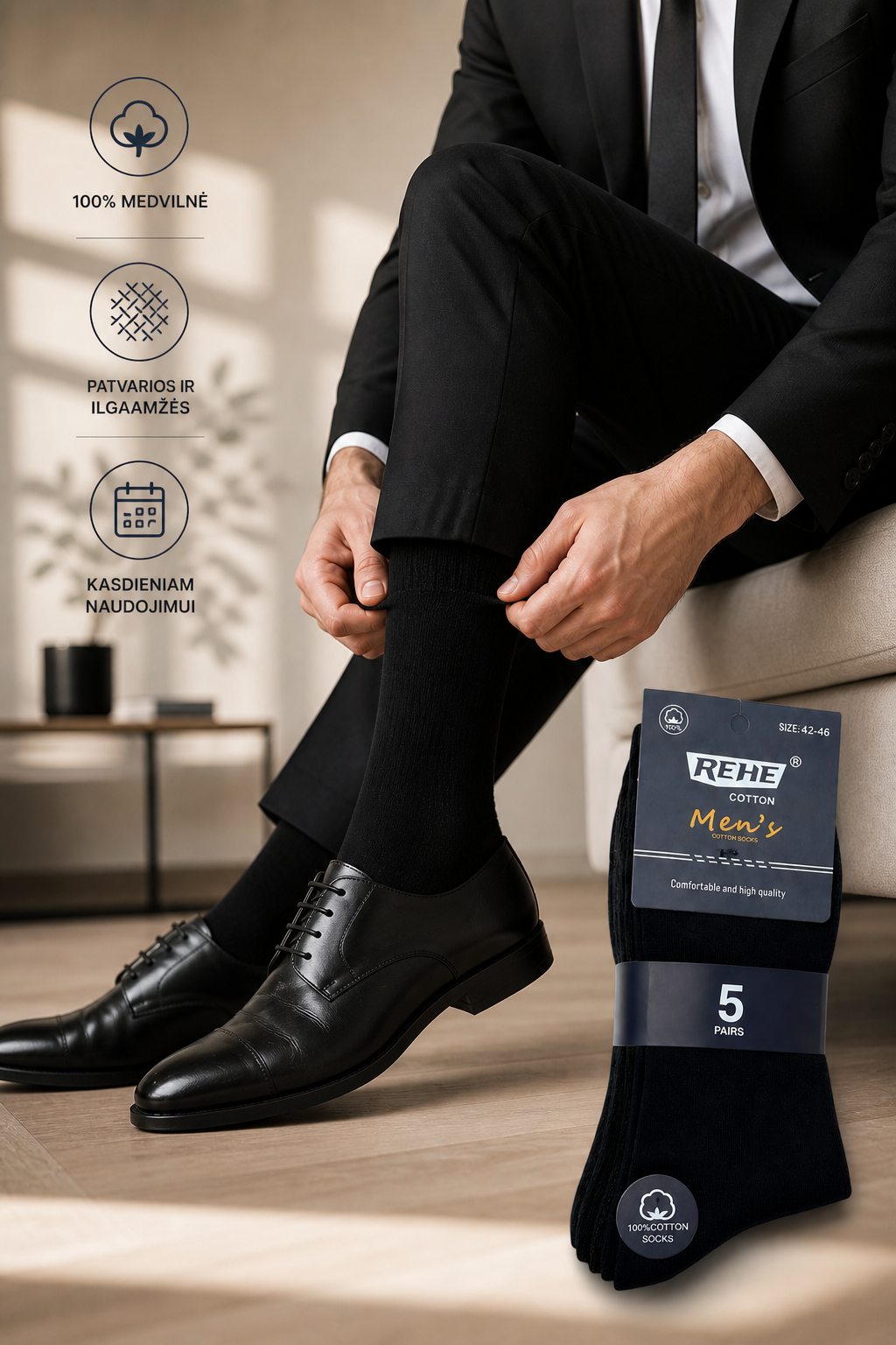 🟢 Premium Ilgos klasikinės vyriškos kojinės – 5 poros, juodos (39–46)