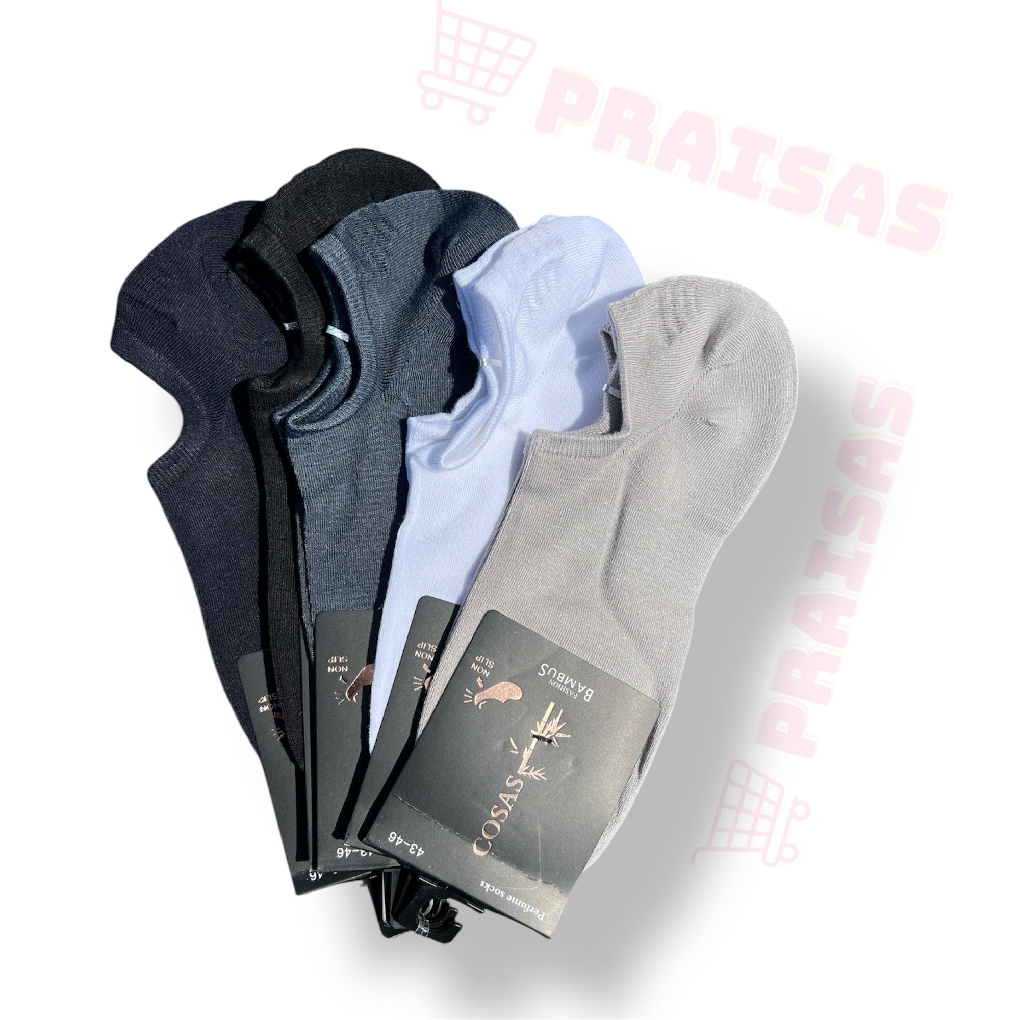 🟢 Premium Vyriškos itin trumpos bambuko kojinės – 5 poros, su silikonu kulne (39–43 / 43–46)