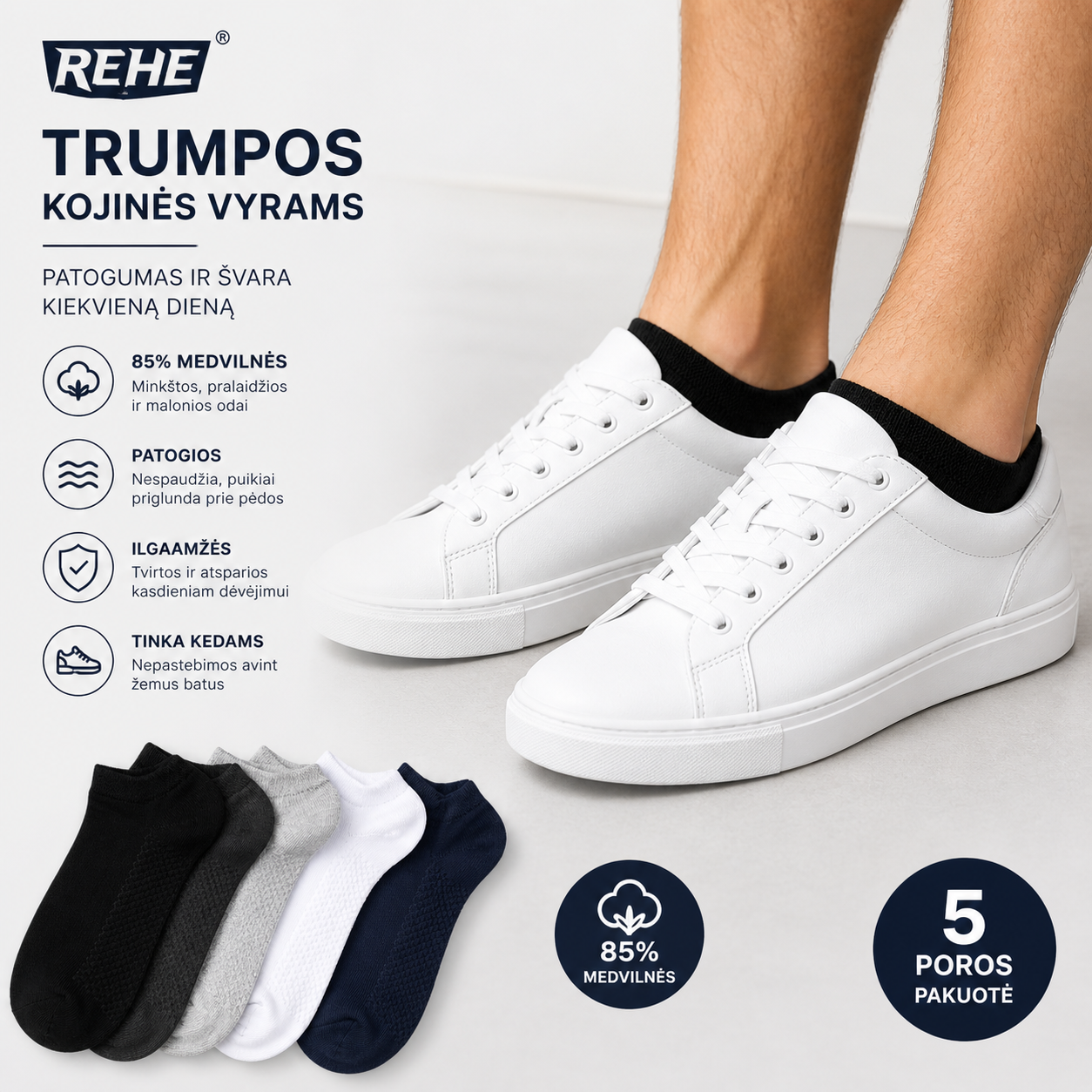 🟢 Premium Vyriškos medvilninės trumpos kojinės (5 poros, spalvų mix arba juodos)