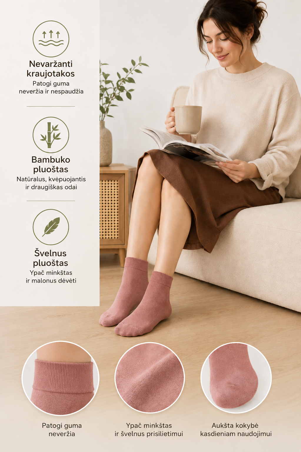 Ilgos bambuko kojinės su švelnia guma – mažai spaudžiančios, 5 poros