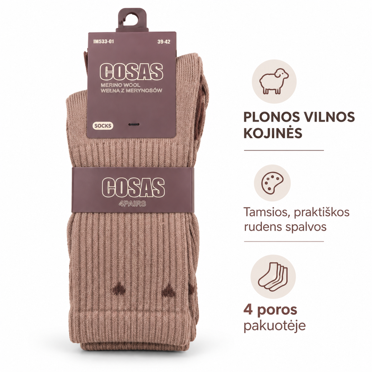 Kojinės su vilna, klasika, 4 poros, spalvų mix