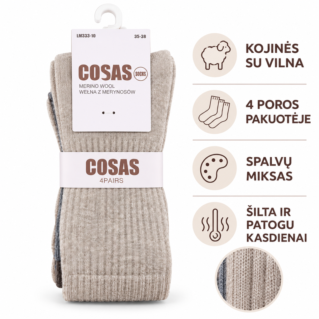 Kojinės su vilna moterims Cosas, klasika, 4 poros, spalvų mix